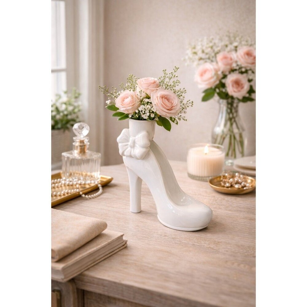 New White Ceramic High Heel Decorative Flower Table Vase Room Decor